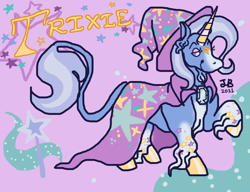 Size: 650x500 | Tagged: safe, artist:juiceboxfrog, trixie, classical unicorn, pony, unicorn, g4, blaze (coat marking), brooch, cape, clothes, cloven hooves, coat markings, facial markings, hat, horn, jewelry, leonine tail, raised hoof, redesign, solo, trixie's brooch, trixie's cape, trixie's hat, unshorn fetlocks