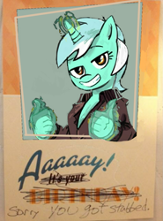 Size: 871x1175 | Tagged: safe, artist:herny, artist:twinet, edit, lyra heartstrings, g4, clothes, female, fonzie, greeting card, grin, hand, happy days, jacket, magic, magic hands, meme, ponified meme, reaction image, smiling, solo, speech bubble, thumbs up