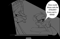 Size: 1366x887 | Tagged: safe, artist:lockheart, lyra heartstrings, pinkie pie, earth pony, pony, unicorn, g4, deerstalker, detective, dialogue, duo, female, hat, interrogation, mare, monochrome, sherlock pie, sketch, speech bubble, spotlight