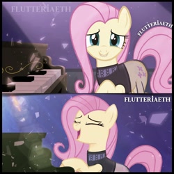 Size: 1080x1080 | Tagged: safe, edit, edited screencap, editor:flutteriaeth, screencap, fluttershy, pegasus, pony, g4, season 5, the mane attraction, character swap, cute, eyes closed, female, mare, musical instrument, open mouth, piano, shyabetes, singing, smiling, solo, the magic inside, wingless