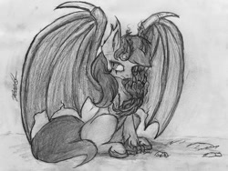 Size: 640x480 | Tagged: safe, artist:reekosukanku, oc, oc only, oc:vivid dream, bat pony, dracony, dragon, hybrid, pony, art trade, bat wings, claws, cracked horn, dragon claw, fangs, female, full body, grayscale, horn, horns, large wings, looking at you, magic, mare, monochrome, mystic, pencil drawing, photo, raised hoof, scar, sitting, solo, traditional art, wings