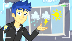 Size: 1280x720 | Tagged: safe, screencap, flash sentry, best trends forever, equestria girls, g4, my little pony equestria girls: better together, camera shot, clothes, cloud, flash the lightning-bearer, jacket, lightning, looking at you, male, rain, solo, sun