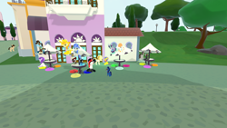Size: 1920x1080 | Tagged: safe, oc, oc:grace seraph, earth pony, pegasus, pony, unicorn, legends of equestria, 3d, cafe, city, cobblestone street, earth pony oc, female, game, game screencap, grass, group photo, horn, looking at each other, male, mare, pegasus oc, rock, seats, shadow, sitting, stallion, standing, street, tables, tree, unicorn oc, video game