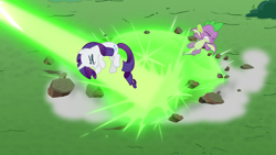 Size: 1920x1080 | Tagged: safe, screencap, rarity, spike, dragon, pony, unicorn, g4, season 9, the ending of the end, blast, eyes closed, female, implied queen chrysalis, magic, magic blast, male, mare, winged spike, wings