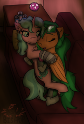 Size: 2322x3426 | Tagged: safe, artist:askavrobishop, oc, oc:atom smasher, oc:candy chip, pegasus, pony, unicorn, the sunjackers, couch, cuddling, cybernetic legs, female, goggles, high res, lesbian, sleeping, wings