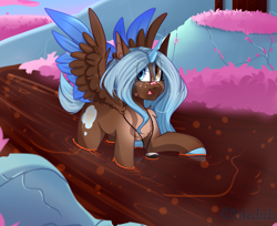 Size: 2711x2213 | Tagged: safe, artist:mediasmile666, oc, oc only, alicorn, pony, alicorn oc, bandaid, bandaid on nose, colored hooves, curved horn, female, freckles, heterochromia, high res, horn, jewelry, mare, pendant, raised hoof, smiling, solo, spread wings, tongue out, two toned wings, wings