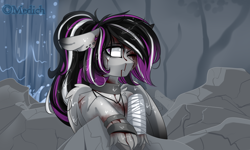 Size: 3000x1801 | Tagged: safe, artist:mediasmile666, oc, oc only, pony, bandage, blood, female, floppy ears, mare, solo, waterfall