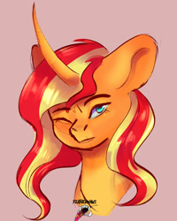 Size: 1420x1774 | Tagged: safe, artist:chicken-art-s, sunset shimmer, pony, unicorn, g4, bust, curved horn, female, horn, mare, one eye closed, pink background, portrait, signature, simple background, solo