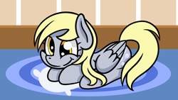 Size: 1920x1080 | Tagged: safe, artist:dinkyuniverse, derpy hooves, pegasus, pony, g4, atg 2021, carpet, cute, derp, derpabetes, female, lying down, mare, newbie artist training grounds, pillow, ponyloaf, prone, smiling, solo