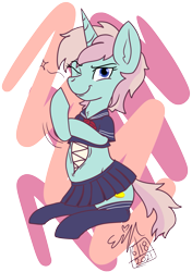Size: 1461x2071 | Tagged: safe, artist:erynerikard, oc, oc only, oc:interest rate, pony, unicorn, fanfic:white waking, belly, body horror, carcassian, chest mouth, chubby, clothes, explicit source, female, leggings, looking at you, mare, midriff, mutant, necktie, one eye closed, sailor uniform, skirt, solo, stockings, thigh highs, uniform, wink, winking at you