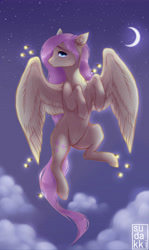 Size: 4440x7425 | Tagged: safe, artist:dikkaa, fluttershy, firefly (insect), insect, pegasus, pony, g4, absurd resolution, crescent moon, cute, female, flying, mare, moon, night, night sky, shyabetes, sky, solo