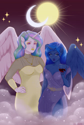 Size: 3600x5350 | Tagged: safe, artist:dikkaa, princess celestia, princess luna, alicorn, anthro, g4, absurd resolution, alcohol, clothes, crescent moon, dress, duo, duo female, female, glass, hand on hip, human facial structure, large wings, lipstick, mist, moon, royal sisters, siblings, sisters, sun, wine, wine glass, wings