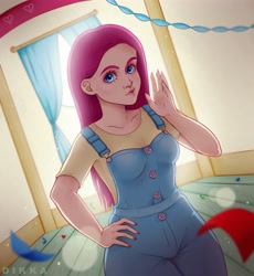 Size: 4600x5000 | Tagged: safe, artist:dikkaa, pinkie pie, human, g4, absurd resolution, breasts, busty pinkie pie, clothes, female, hand on hip, humanized, looking at you, overalls, pinkamena diane pie, solo