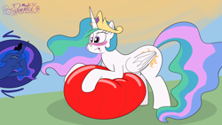Size: 5000x2813 | Tagged: safe, artist:rupert, princess celestia, princess luna, alicorn, pony, g4, ball, blushing, crown, embarrassed, ethereal mane, ethereal tail, exercise ball, facehoof, female, fetish, inflatable, inflatable fetish, jewelry, mare, missing accessory, regalia, royal sisters, siblings, sisters, squishy, tail