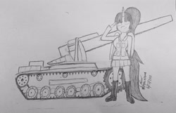 Size: 4032x2594 | Tagged: safe, artist:steelepone, oc, oc only, oc:spring beauty, alicorn, anthro, chi ha tan, chi-ha lg, clothes, fanart, girls und panzer, salute, sketch, solo, tank (vehicle), traditional art, uniform