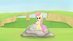 Size: 3840x2160 | Tagged: safe, artist:astralr, fluttershy, pegasus, pony, g4, cup, cute, daaaaaaaaaaaw, female, grass, high res, mare, outdoors, rock, shyabetes, sitting, sky, solo