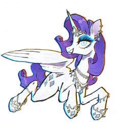 Size: 1154x1252 | Tagged: safe, artist:_night_milk, rarity, alicorn, pony, g4, alicornified, ear piercing, earring, flying, jewelry, piercing, race swap, raricorn, smiling, solo, spread wings, wings