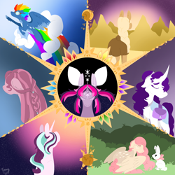 Size: 1500x1500 | Tagged: safe, artist:xaneyraccoon, angel bunny, applejack, fluttershy, pinkie pie, rainbow dash, rarity, starlight glimmer, twilight sparkle, alicorn, earth pony, pegasus, pony, unicorn, g4, female, mane six, mare, pinkamena diane pie, twilight sparkle (alicorn)