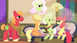 Size: 2957x1662 | Tagged: safe, artist:memengla, apple bloom, applejack, big macintosh, granny smith, earth pony, pony, g4, apple family, horse collar, missing freckles, thought bubble, young granny smith, younger