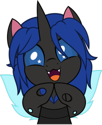 Size: 4061x5000 | Tagged: safe, artist:jhayarr23, oc, oc only, oc:swift dawn, changeling, pony, :3, absurd resolution, blue changeling, blue eyes, changeling oc, commission, cute, cuteling, daaaaaaaaaaaw, diabetes, fangs, goody greeting meme, hooves together, horn, looking at you, male, nya, ocbetes, open mouth, open smile, simple background, smiling, smiling at you, smol, solo, stallion, starry eyes, transparent background, wingding eyes, wings, ych result