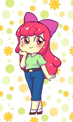 Size: 614x1024 | Tagged: safe, artist:umameuma, apple bloom, equestria girls, g4, adorabloom, belt, blushing, bow, chibi, clothes, cute, female, hair bow, jeans, looking at you, pants, shirt, smiling, solo, t-shirt, weapons-grade cute