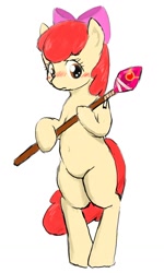 Size: 945x1577 | Tagged: safe, artist:seidouryu, apple bloom, earth pony, pony, g4, belly button, bipedal, blushing, female, filly, scepter, simple background, solo, white background