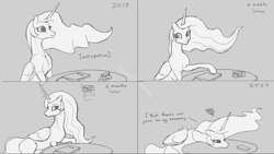 Size: 1920x1080 | Tagged: safe, artist:arareroll, princess celestia, alicorn, pony, g4, comic, female, gray background, grayscale, mare, monochrome, simple background, solo