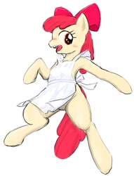 Size: 1202x1576 | Tagged: safe, artist:seidouryu, apple bloom, earth pony, pony, g4, apron, bipedal, blushing, clothes, female, filly, naked apron, open mouth, simple background, solo, white background