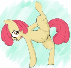 Size: 2600x2492 | Tagged: safe, artist:seidouryu, apple bloom, earth pony, pony, g4, belly button, female, filly, high res, holding leg, open mouth, solo, standing on two hooves, yoga