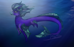 Size: 1208x766 | Tagged: safe, artist:lizzielove2407, oc, oc only, merpony, crepuscular rays, dorsal fin, fins, fish tail, flowing mane, flowing tail, ocean, purple eyes, signature, smiling, solo, sunlight, swimming, tail, underwater, water