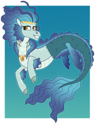 Size: 900x1170 | Tagged: safe, artist:tambelon, oc, oc only, siren, blue background, dorsal fin, eyelashes, female, fins, fish tail, flowing mane, flowing tail, gem, not sonata dusk, pearl, simple background, smiling, solo, tail, yellow eyes