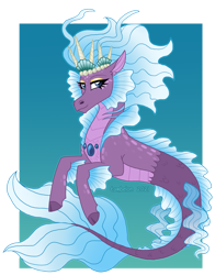 Size: 900x1147 | Tagged: safe, artist:tambelon, oc, oc only, siren, blue background, blue eyes, blue mane, crown, dorsal fin, eyelashes, female, fins, fish tail, flowing mane, flowing tail, gem, jewelry, regalia, seashell, simple background, smiling, solo, tail