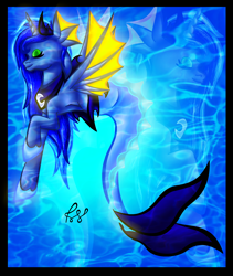 Size: 1828x2168 | Tagged: safe, artist:ksandraetvas, princess luna, alicorn, hybrid, merpony, pony, seapony (g4), g4, blue background, colored pupils, crown, dorsal fin, eyelashes, eyes closed, female, fin wings, fish tail, glowing, hoof shoes, horn, jewelry, ocean, regalia, seapony luna, signature, simple background, solo, tail, underwater, water, wings