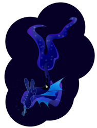 Size: 2130x2814 | Tagged: safe, artist:zomgitsalaura, princess luna, alicorn, merpony, pony, seapony (g4), g4, blue background, blue mane, bubble, ethereal mane, female, fin wings, fish tail, flowing tail, glowing horn, high res, horn, seapony luna, simple background, solo, starry mane, starry tail, swimming, tail, underwater, water, wings