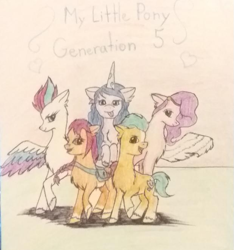 Size: 617x658 | Tagged: safe, artist:winterclaws22, hitch trailblazer, izzy moonbow, pipp petals, sunny starscout, zipp storm, earth pony, pegasus, pony, unicorn, g5, mane five, traditional art