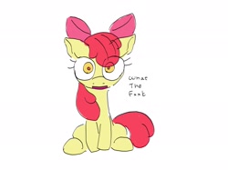 Size: 2048x1535 | Tagged: safe, artist:noupu, apple bloom, earth pony, pony, g4, censored, censored vulgarity, eye clipping through hair, female, filly, looking at you, open mouth, sitting, solo, wide eyes, wtf