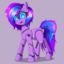Size: 2500x2500 | Tagged: safe, artist:nihithebrony, oc, oc:love letter, pony, robot, robot pony, blue eyes, colored pupils, female, glowing eyes, high res, looking at you, mare, original art, original character do not steal, purple, purple background, simple background, smiling, smiling at you, solo