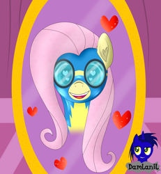 Size: 3840x4154 | Tagged: safe, alternate version, artist:damlanil, fluttershy, pegasus, pony, g4, blushing, carousel boutique, catsuit, clothes, cute, female, happy, heart, heart eyes, latex, latex suit, looking at you, mare, mirror, open mouth, rubber, shine, shiny, shyabetes, simple background, smiling, solo, suit, uniform, vector, wingding eyes, wings, wonderbolts, wonderbolts uniform, wondershy
