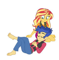 Size: 2260x2335 | Tagged: safe, artist:gmaplay, flash sentry, sunset shimmer, equestria girls, g4, barefoot, duo, feet, female, high res, male, ship:flashimmer, shipping, simple background, straight, transparent background