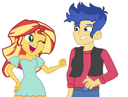 Size: 2002x1519 | Tagged: safe, artist:gmaplay, flash sentry, sunset shimmer, equestria girls, g4, female, grin, looking at each other, male, one eye closed, open mouth, open smile, ship:flashimmer, shipping, simple background, smiling, straight, transparent background, wink