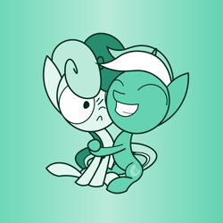 Size: 1440x1440 | Tagged: safe, artist:dori-to, artist:greenhoof, bon bon, lyra heartstrings, sweetie drops, earth pony, pony, unicorn, comic:silly lyra, g4, background pony, duo, eyes closed, female, grin, hug, mare, sitting, smiling, style emulation, vector