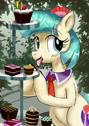 Size: 1024x1449 | Tagged: safe, artist:neoshrek, coco pommel, earth pony, pony, g4, bipedal, chocolate, cocobetes, cupcake, cute, female, food, licking, licking lips, messy eating, solo, tongue out