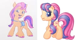 Size: 1237x645 | Tagged: safe, scootaloo (g3), sunny starscout, earth pony, pony, g3, g3.5, g5, braid, comparison, hair tie, purple eyes, similarities