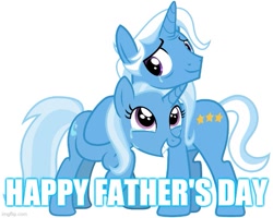 Size: 625x500 | Tagged: artist needed, safe, jack pot, trixie, pony, unicorn, g4, caption, crying, duo, father and child, father and daughter, father's day, female, hug, image macro, like father like daughter, like parent like child, male, simple background, tears of joy, teeth, text, vector, white background