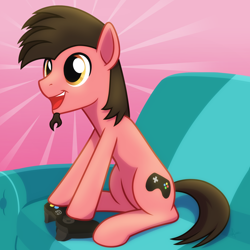 Size: 2048x2048 | Tagged: safe, artist:whitequartztheartist, oc, oc only, oc:ace play, earth pony, pony, controller, couch, facial hair, goatee, high res, male, playing, sitting, solo, stallion, video game