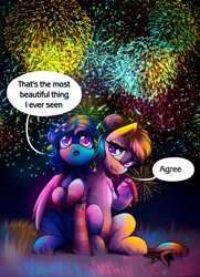 Size: 2224x3070 | Tagged: safe, artist:cornelia_nelson, oc, oc:delly, oc:graceful motion, collar, fireworks, high res, text