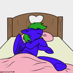 Size: 1000x1000 | Tagged: safe, artist:skydreams, oc, oc only, oc:aqua grass, pegasus, pony, :3, bed, chest fluff, female, heart, heart-shaped hooves, mare, patreon, patreon reward, pegasus oc, pillow, sleeping
