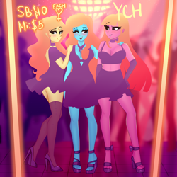 Size: 2000x2000 | Tagged: safe, alternate version, artist:xjenn9, part of a set, oc, oc only, equestria girls, g4, backless, blushing, bra, breasts, cleavage, clothes, club, commission, dress, drunk, ear piercing, earring, eyebrows, eyebrows visible through hair, feet, female, gloves, hand on hip, hand on shoulder, high heels, high res, hooped earrings, jewelry, long gloves, looking at each other, looking at you, midriff, miniskirt, necklace, nightclub, one eye closed, open mouth, open-back dress, open-toed shoes, shoes, short dress, skirt, sleeveless, sleeveless dress, smiling, smiling at you, socks, stockings, thigh highs, toes, trio, trio female, underwear, wall of tags, wink, your character here, zettai ryouiki