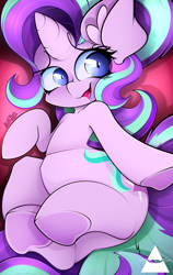 Size: 2894x4592 | Tagged: safe, artist:ahekao, starlight glimmer, pony, unicorn, g4, cute, ear fluff, female, floppy ears, frog (hoof), glimmerbetes, hooves, human shoulders, looking at you, lying down, mare, on back, open mouth, open smile, smiling, solo, underhoof
