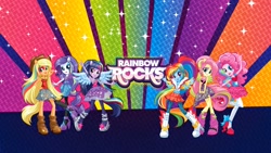 Size: 2560x1440 | Tagged: safe, applejack, fluttershy, pinkie pie, rainbow dash, rarity, twilight sparkle, equestria girls, g4, my little pony equestria girls: rainbow rocks, official, devil horns, female, pony history, youtube banner